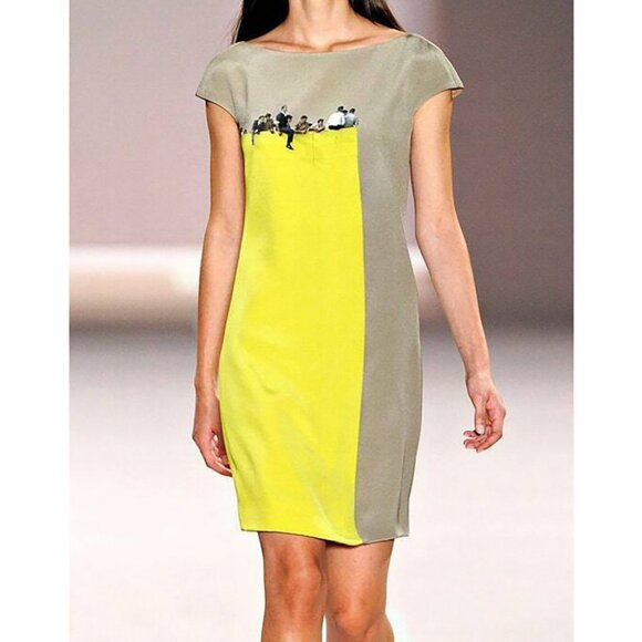 Akris Spectators Maracuja Viewpoint Print Monaco Grand Prix Silk Dress Taupe 12 - Picture 1 of 16